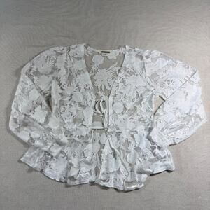 Amber Sky White Floral Lace Tie Front Cardigan Blouse Sheer Peplum Top Small